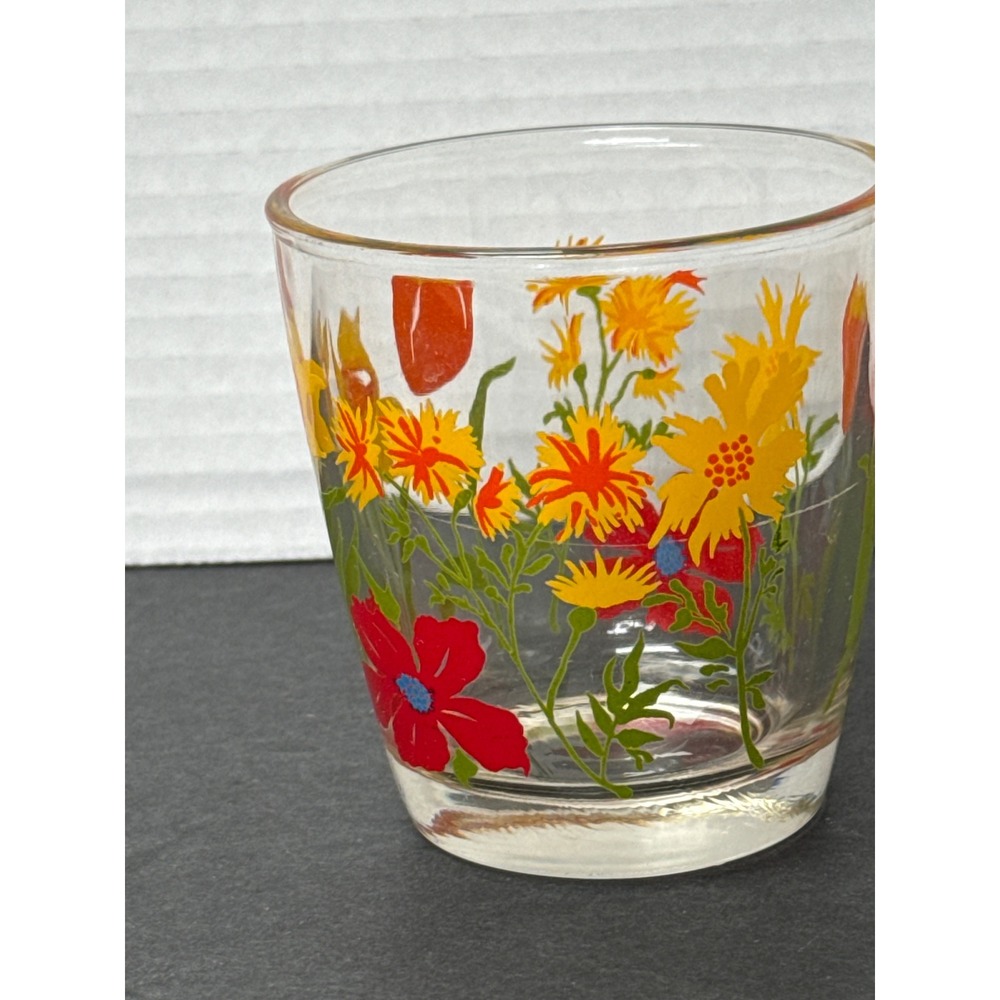 VTG Hazel Atlas Sour Cream/Juice Glass Red Poppies Yellow Daisy Orange Tulips - Picture 3 of 10